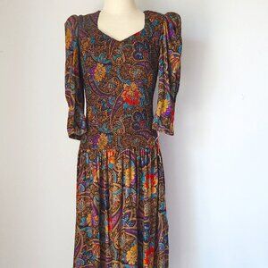 Vintage NWT ACT I New York Floral Paisley Smocked Midi Dress Drop-waist